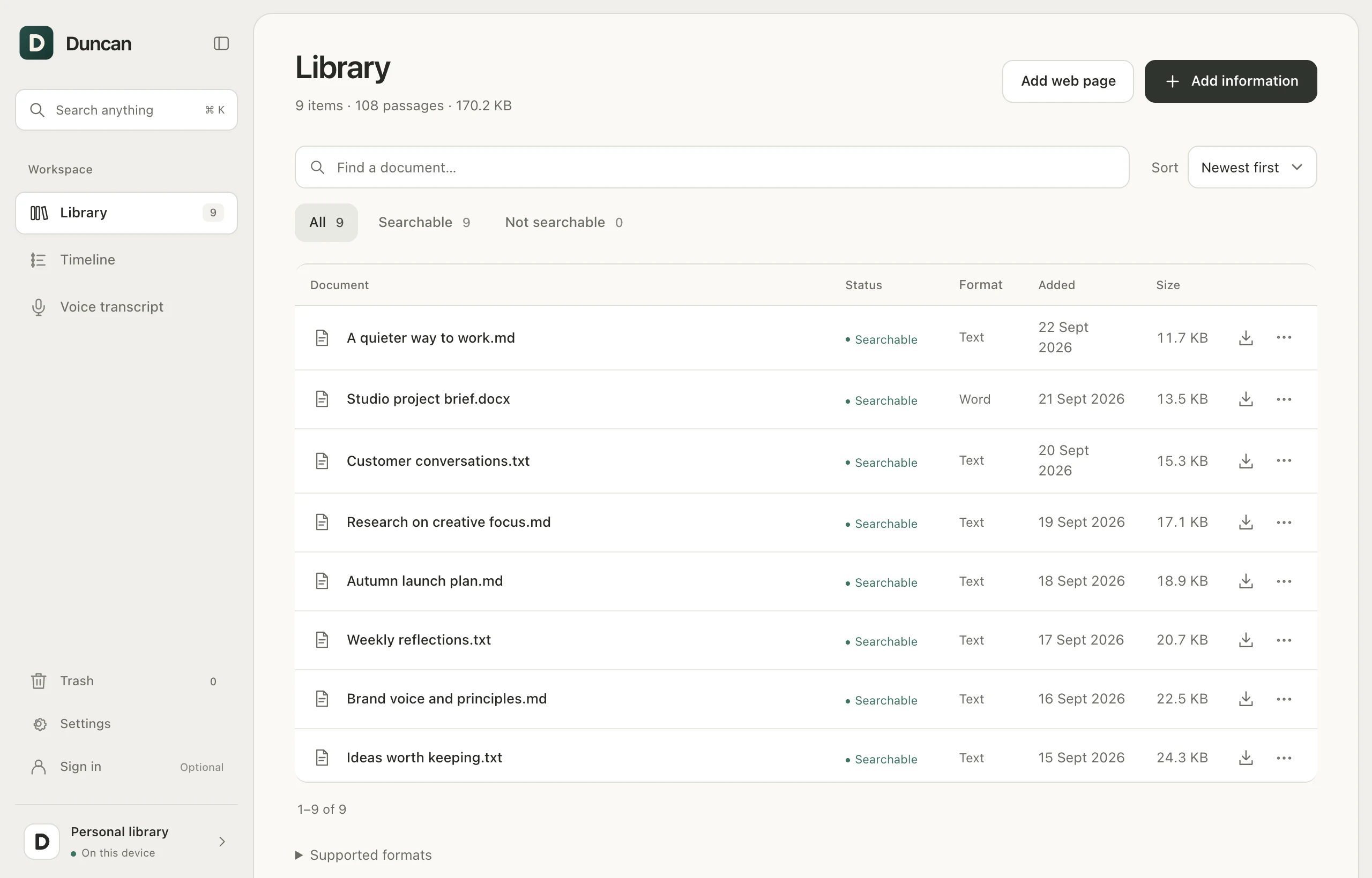 Duncan’s library showing sample project briefs, research, notes, and ideas in one clear list